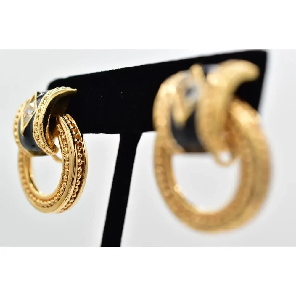 Swarovski Vintage Crystal Clip On Earrings Black Dangle Gold Swan Signed BinBK